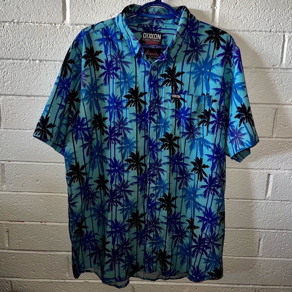 Dixxon Hawaiian Shirt Large Blue Palm Tree Palisades Button Down Beach